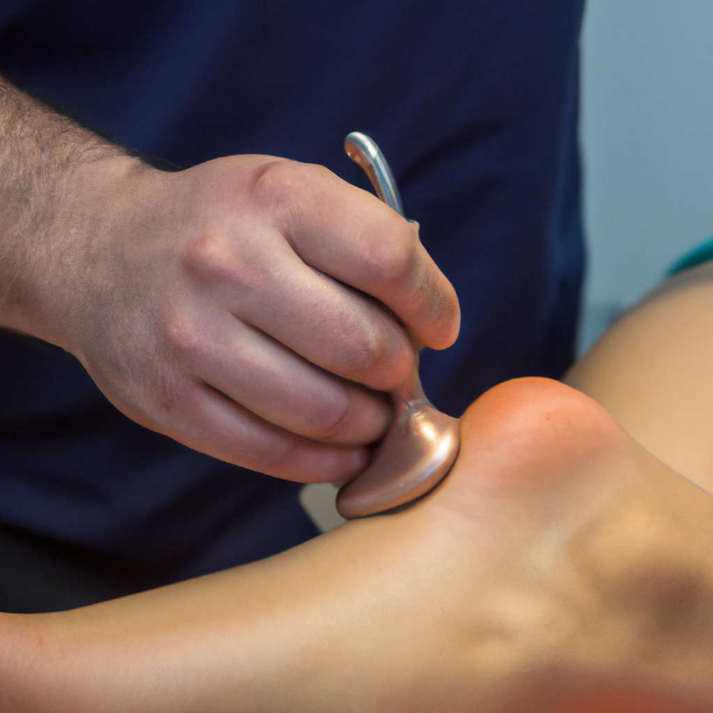 Triggerpunkt Behandlung Eine Hand verwendet ein Massagegerät an einem Knie zur Muskelentspannung.